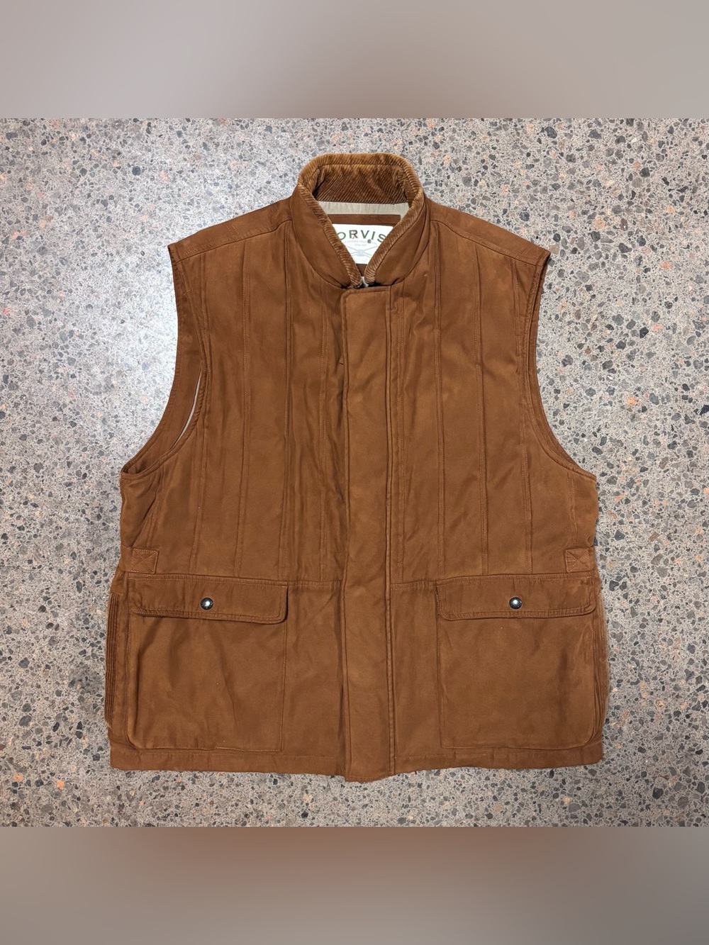 Orvis Microseude Insulated Field Vest (XL) Corduroy Collar, Brown, Orange